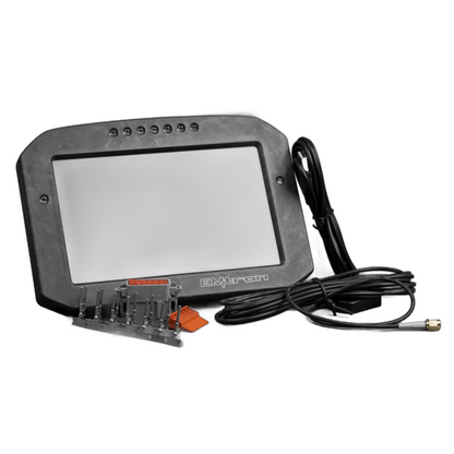 Emtron ED7 Display with GPS featuring a 7-inch full-color screen and ultra-bright LEDs, housed in a rugged, lightweight carbon fiber composite enclosure, designed to simplify gauges and provide plug and play functionality.