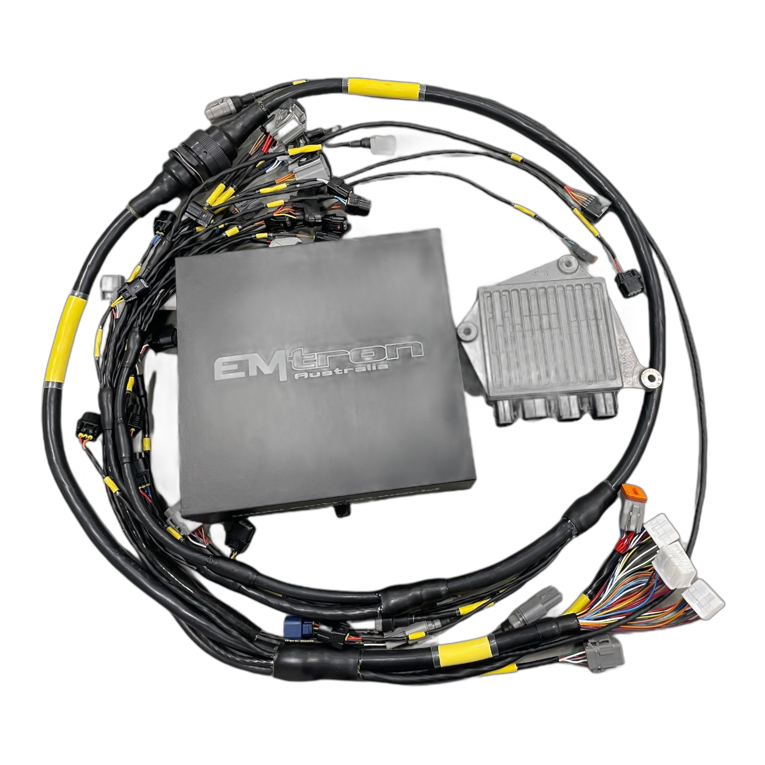 High-quality Honda L15b Terminated Harness Kit featuring Emtron ECU, Emtron ELC1, GDI Driver Box, and aerospace-grade Tefzel wiring, ideal for advanced motorsports tuning.