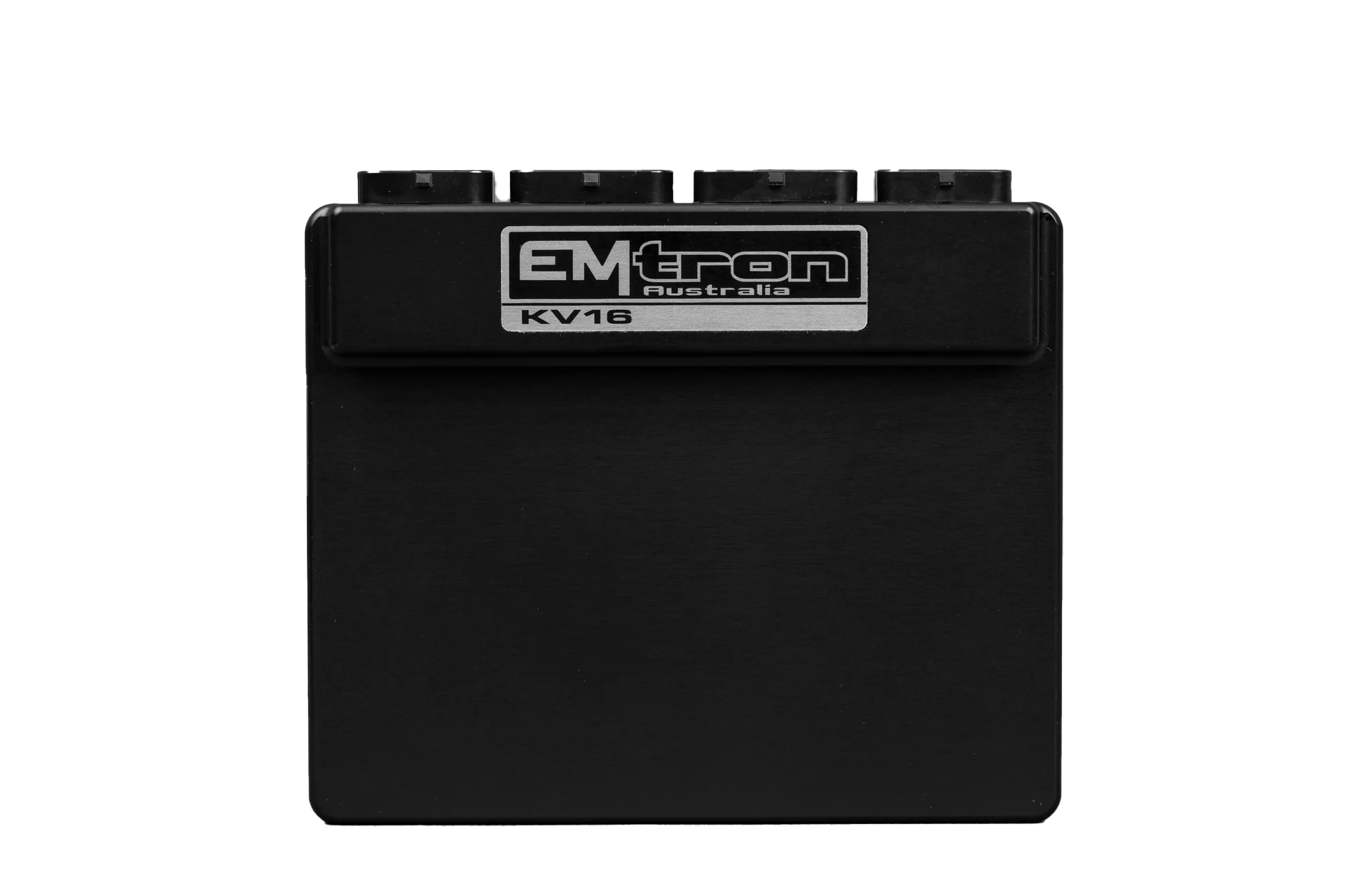 Emtron KV16 ECU in a robust billet Aluminium enclosure, featuring industry-leading I/O count with up to 16 Channels of Fuel and 12 Channels of fully sequential Ignition, designed for ultimate motorsport performance and control.